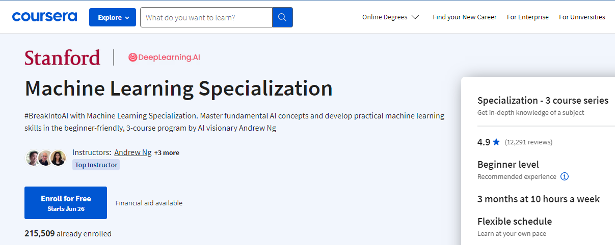 Website screenshot for Machine Learning Specialization by Stanford University
