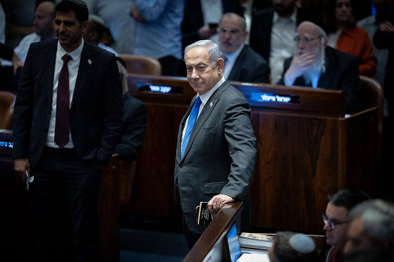 Israeli Prime Minister Benjamin Netanyahu attends a plenum session and vote at the assembly hall of the Knesset, Jerusalem, June 11, 2024. (Yonatan Sindel/Flash90)