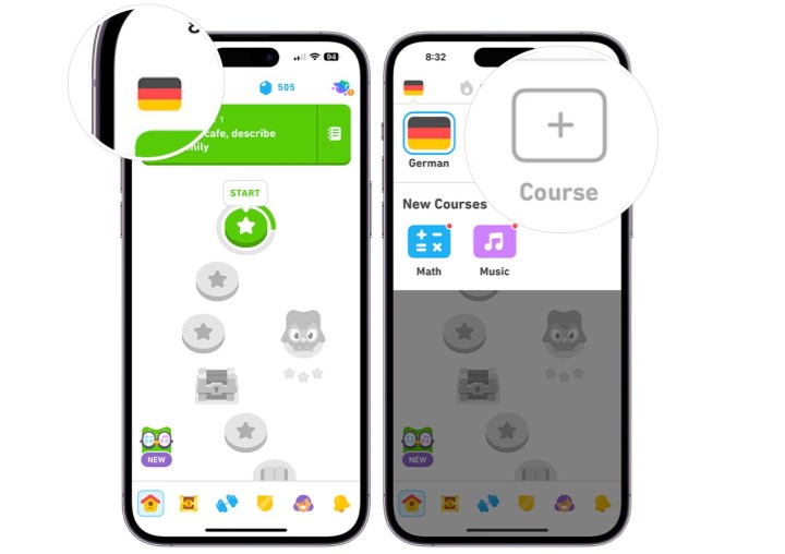 This screenshot shows you where to add a new language to the Duolingo app.
