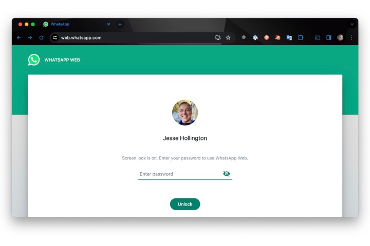WhatsApp Web screen lock active in Chrome.