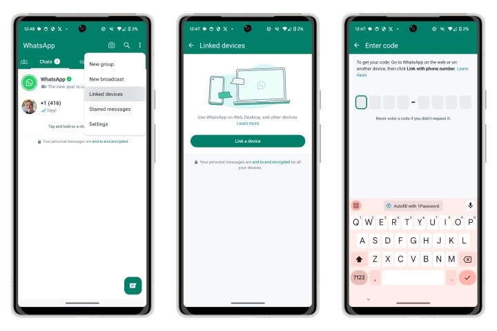 WhatsApp for Android linking with a manual code.