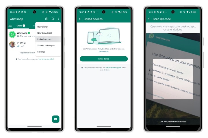 WhatsApp for Android linking with a QR code.