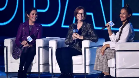 Getty Images Sophie Grégoire-Trudeau, Australia ex-PM Julia Gillard and singer Leona Lewis at SSE Arena, Wembley on 4 March