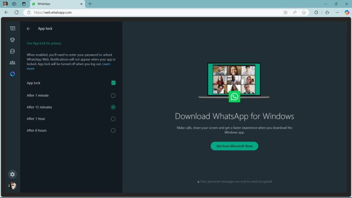WhatsApp Web App lock time options in privacy settings