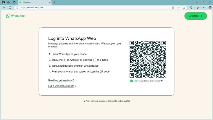 WhatsApp Web 2024 login screen QR code on Microsoft Edge