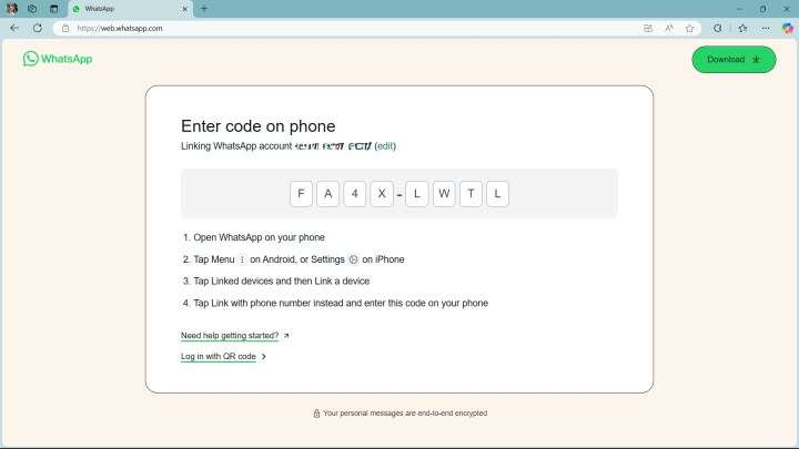 WhatsApp Web phone code to link device on Microsoft Edge