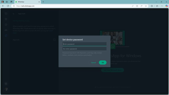 WhatsApp web set password prompt for app lock