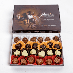 A box of Peace by Chocolate.