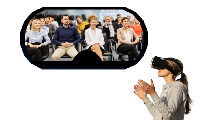 Woman wearing a headset looking at virtual audience