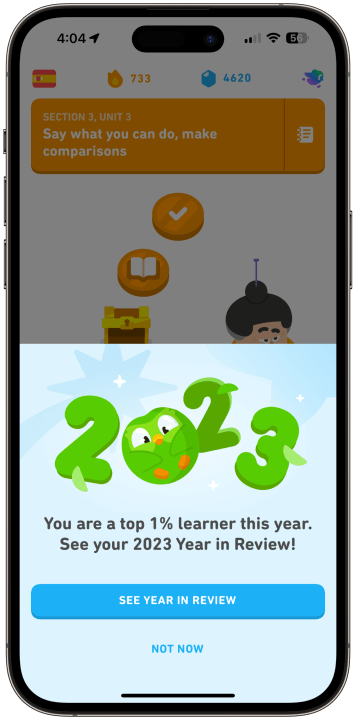 A screenshot of the Duolingo Year in Review 2023 running on an iPhone.