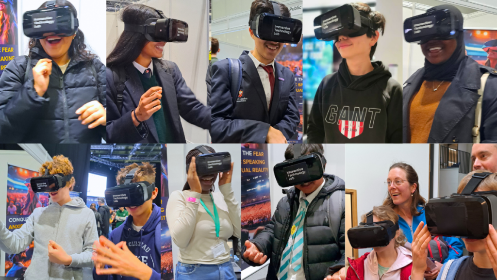 Collage of young students wearing the VR headsets, trying out the platform