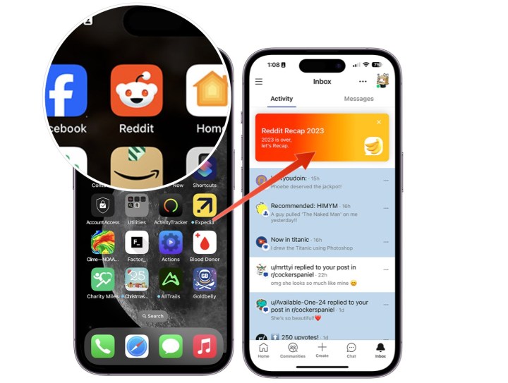 Screenshots showing how to get into the Reddit Recap area on the Reddit app on iPhone.