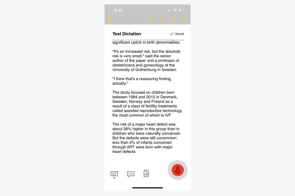 A screenshot of words in a document in the Nuance Dragon Anywhere mobile app.