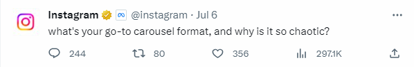 Screenshot of Instagram's official Twitter account Tweeting a question to their audience.