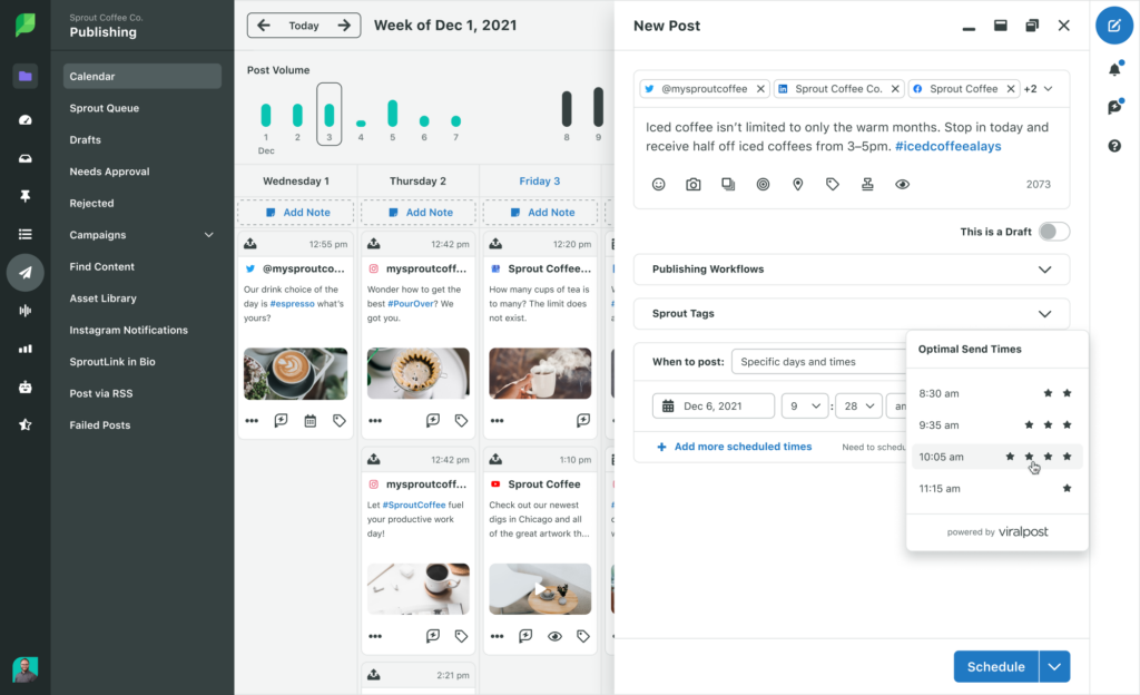 Screenshot of Sprout Social dashboard publishing calendar and compose box with the Optimal Send Times feature highlighted.