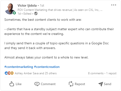 Screenshot of a LinkedIn post that uses hashtags to draw engagement.