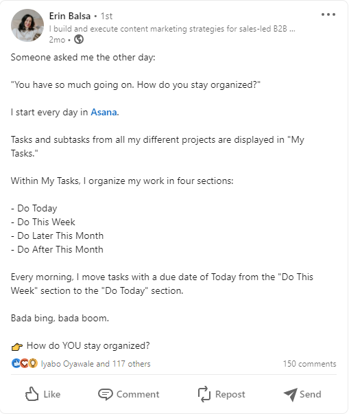 Screenshot of a LinkedIn post that uses a strong question CTA to draw engagement.